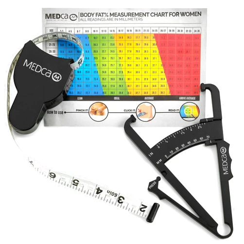 MEDca Body Fat Caliper and Measuring Tape for Body - Skinfold Calipers and Body Fat Tape Measure Tool for Accurately Measuring BMI Skin Fold Fitness and Weight-Loss, (Black)