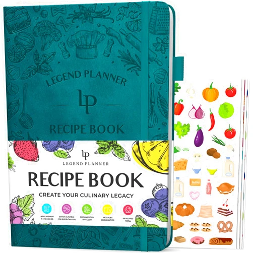 Legend Planner Legend Recipe Book – Blank Family Cookbook to Write In Your Own Recipes – Empty Cooking Journal – Personalized Cooking Notebook, Hardcover, Large 7”x10” Format, 58 Recipes Total (Dark Teal)