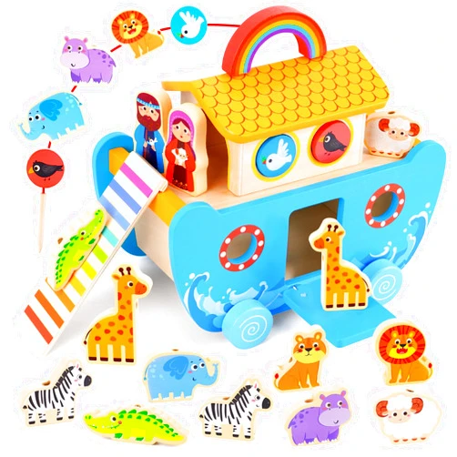 ATOYUS Toddlers Noah's Ark Toys with Wooden Animal Shape Sorters, Baptism Gifts for Girls Boys 2 3 4 Years Old, Montessori Educational Toys for Toddlers, Bible Story Book for Kids Ages 2-4
