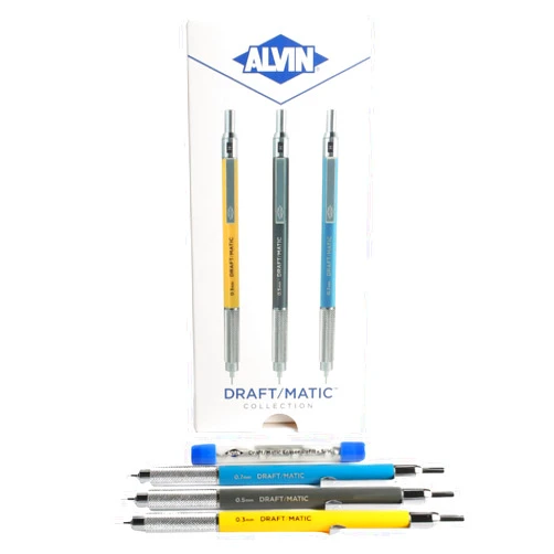 Alvin, Draft-Matic Mechanical Pencil, 3 Pack, Stainless Steel Drawing and Design Tools, Great for Drafting, Architecture, Engineering, and Art - Includes 0.3mm, 0.5mm, and 0.7mm