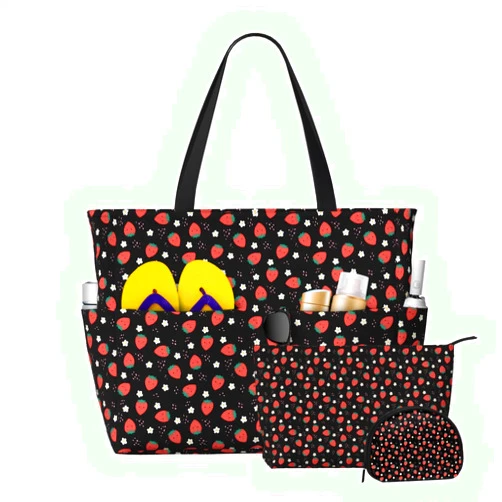 Aoyom 3 Piece Strawberry Beach Travel Tote Bag Set, Women Large Waterproof Sandproof Foldable Tote Bag Purse Makeup Bag