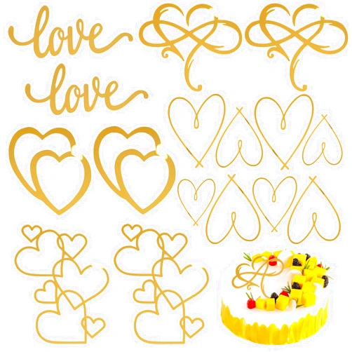 Gvhntk 10 Pcs Acrylic Cake Toppers Minimalist Art Heart Love Cake Topper Gold Cake Decoration for Valentine's Day Birthday Wedding Bridal Shower Party