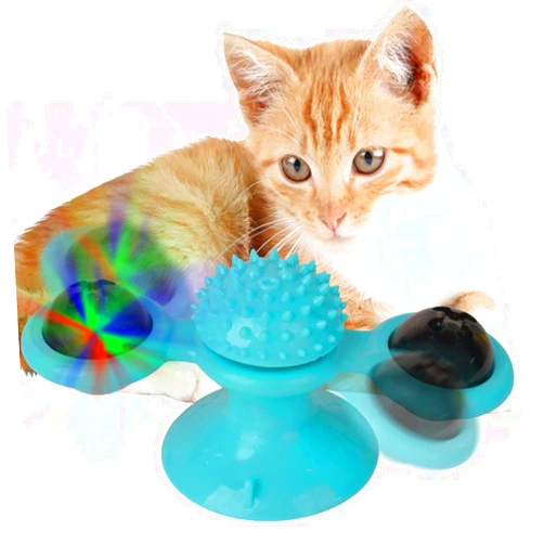 Cdipesp Windmill Cat Toy with Catnip, Interactive Cat Spinning Toys with Suction Cup Kitten Turntable Massage Toy for Indoor Cats (Blue)