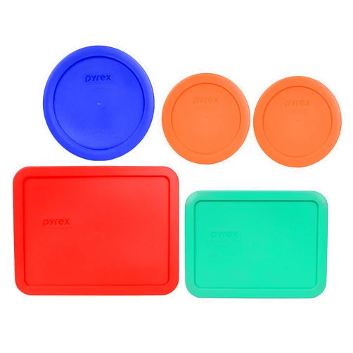 Pyrex Bundle - 5 Items: (2) 7200-PC 2-Cup Orange Lids, (1) 7201-PC 4-Cup Cadet Blue Lid, (1) 7210-PC 3-Cup Light Green Lid, (1) 7211-PC 6-Cup Red Lid Made in the USA