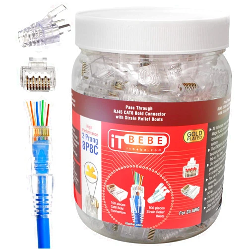 Itbebe.com ITBEBE 100/100 RJ45 Cat6 Cat6a Pass Through Connectors for 23 AWG Cables - 100 Cat6 Passthrough Connector Ends and 100 Clear Strain Relief Boots for Clean, snag-Free Ethernet Patch Cord