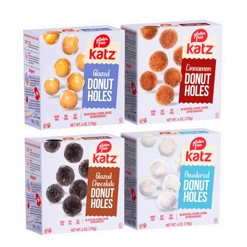 Katz Gluten Free Snacks Donut Holes Variety Pack, Powdered, Glazed, Glazed Chocolate, Cinnamon. Dairy Free, Nut Free, Soy Free, Gluten Free, Kosher (1 Pack of each)