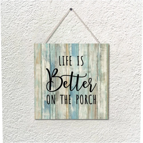 Vrurinss Wood Sign Motivational Gift Life Is Better On The Porch Vintage Wood Grain Wall Art Hanging Sign Plaque with Rope for Home Laundry Room Bathroom Decor 8x8 Inch