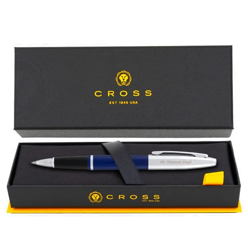 Dayspring Pens Cross Calais Rollerball Pen, Blue Lacquer with Chrome Appointments, Personalized Laser Engraving, Black Ink, Cross Gift Box, Graduation and Mothers Day Gift for Women and Men