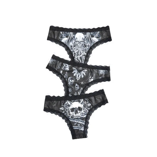 WDIRARA Women's 3 Pack Skull Graphic Print Lace Trim Underwear Panty Set Black Skull Large