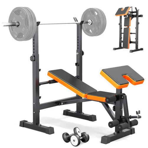 OUNUO Multi-Function 6 in 1 Weight Bench Set - Leg Press, Preacher Curl Rack, Adjustable Workout Bench & Squat Rack for Full Body Exercise, Fitness Strength Training for Home Gym