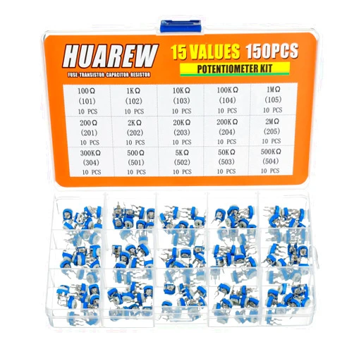 HUAREW 15 Values 150 Pcs Blue and White Adjustable Resistance Carbon Film Potentiometer 100 Ohm- 2M Ohm 6 mm Vertical pin Variable Trimmer Resistor Assortment Kit