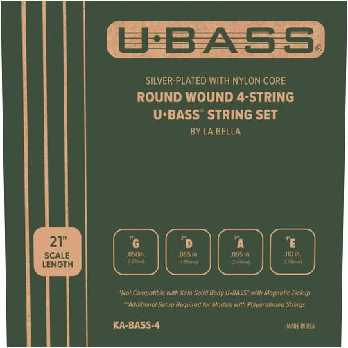 Kala Silver-Plated Nylon Core Round Wound U•BASS® 4-String Set by Kala, Warm Booming Tone, Lower Tension for Smooth Playability, Not for Solid Body