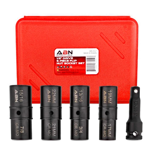 ABN Double Side Lug Nut Socket Set, 5Pc - 1/2-Inch Drive Flip Impact Sockets Lug Nut Extractor Set Reversible Sockets