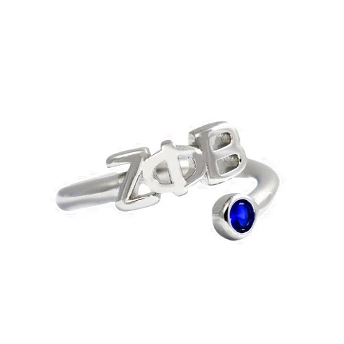 Sorority Shop Zeta Phi Beta Ring- White Gold-Plated Wraparound Ring with Sapphire Blue Gemstone and Zeta Phi Beta Greek Letters, Sorority Jewelry Gift