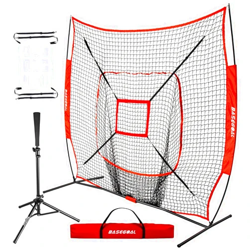 BaseGoal 7'×7' Baseball Softball Practice Net,Baseball Backstop,with Batting Tee,for Hitting Pitching Batting Catching with Bow Frame,Bonus Strike Zone
