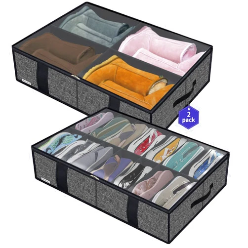 Onlyeasy 2 Pack Under Bed Shoes Storage Bag Organizer (14+4 Pairs), Collapsible Shoe Boot Container with Handles, Underbed Storage Solution for Kids & Adults, 86x60x15cm, Linen-like Black, MXAUBS14S4
