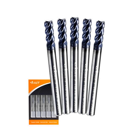 A ACT ACCU-CUT ACCUCUT I4KES 3/16” Carbide Square End Mill- 4 Flute Milling Bit Set for Steel, Forge Steel, Hardened Steel, Copper, Alloys & Materials < HRC 50 - AlTiN Coating CNC Router Bit, 45 Degree Helix (5 pcs)
