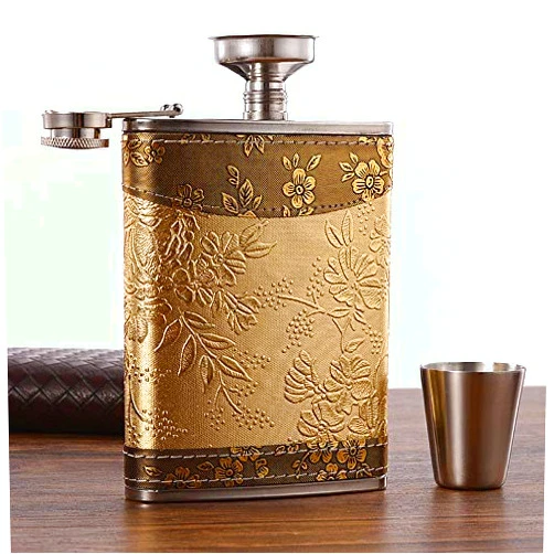 IVYRISE Golden pattern 8 Oz Gift 100% Stainless Steel(304/18-8 SS).Bonus 2 Shot Glass+1Funnel+1Giftbox.Flask Leak Proof Tested.Flask for Liquor/Alcohol.Flask for Men/Women
