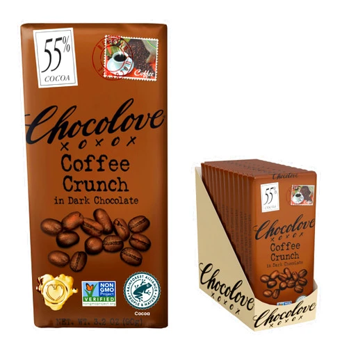 Chocolove Coffee Crunch Dark Chocolate Bars | 55% Cocoa | Crunchy Coffee Bean Bits | Smooth & Sweet | Premium Belgian Dark Chocolate | Non GMO, Rainforest Alliance Certified, 3.2oz Bar (12 Pack)