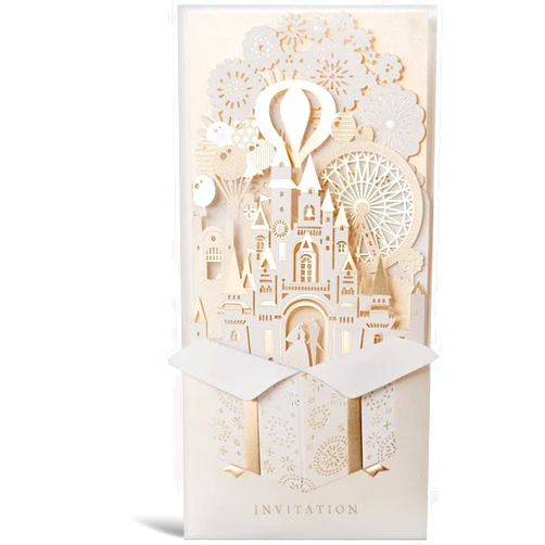 Hosmsua 50PCS Personalized Light Gold Wedding Invitations Kit 4.1x8.5 inch 3D Laser Cut Castle Bride & Groom Pocket Wedding Invitation with Envelopes for Wedding Invite