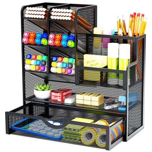 Marbrasse Mesh Pen Holder for Desk, Desk Organizer with Drawer, Multi-Functional Pencil Organizer, Desk Organizers and Accessories for Office Art Supplies (Black)