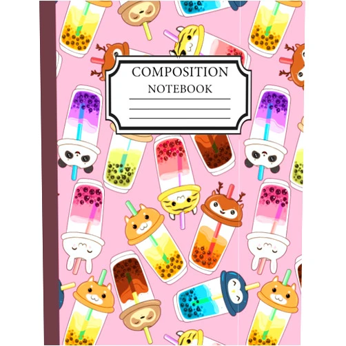 Nadia MARWALAA Composition Notebook: kawaii bubble tea with animal faces: Large Quad Ruled Grid Composition Book for School, College and University Math, Science, Art and Engineering Students/Engineers