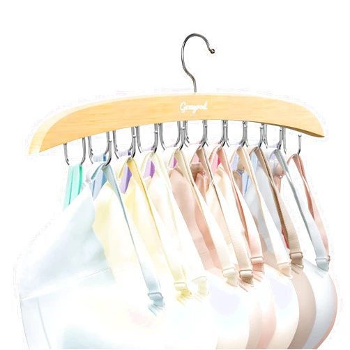 Gomyrod Bra Hanger for Closet, 1 Pack w/20 Hooks Tank Top Hanger Holds 20 Bras, Premium Wooden Closet Foldable Bra Organizer for Closet Space Saving Hangers, 360°Rotating Closet Organizers and Storage