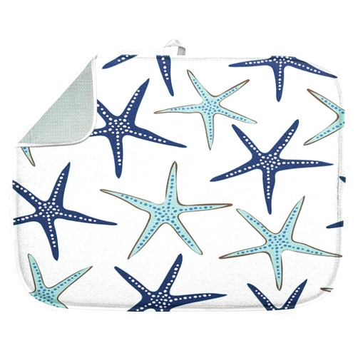 Sanwarm Absorbent Dish Drying Mat, Navy Blue Turquoise Coastal Nautical Starfish Microfiber Pad for Kitchen Counter, Coffee Bar Decor, Heat Resistant and Reversible, 16