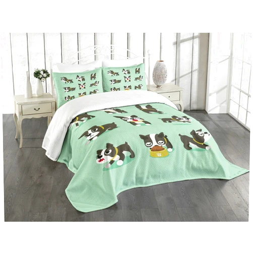 Ambesonne Boston Terrier Bedspread Set, Cartoon Character Minimalist Design of Playful Dog, 3 Piece Decorative Bedding Coverlet and 2 Pillow Shams, Queen Size, Charcoal Grey Mint Green