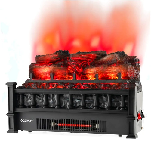 COSTWAY Eternal Flame Electric Fireplace Log, 20-inch Fireplace Insert Log Heater with Realistic Pinewood Ember Bed, Adjustable Temperature, Infrared Electric Fireplace Log for Home Decor, Black 1500W