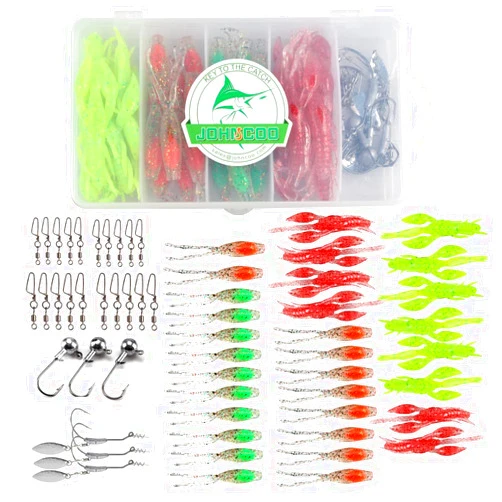 JOHNCOO Soft Lures Fishing Tackle Set Swimbaits Lures Kit Paddle Tails Craw Baits Curved Tail Grubs Weighted Hooks Swivels Fishing Accessories for Bass Pike Trout in Freshwater or Saltwater