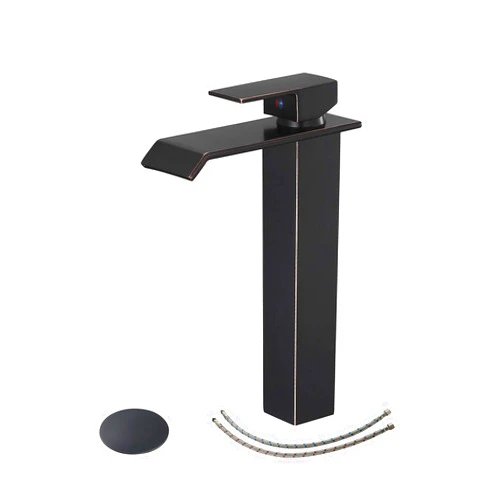BWE Bathroom Faucet with Drain Assembly and Supply Hose Lavatory Waterfall Vessel Sink Faucet Single Handle Mixer Tap Deck Mounted Oil Rubbed Bronze