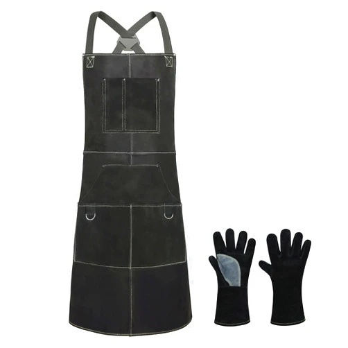 ANTAITHER Black Leather Welding Apron with 6 Pockets - Heavy Duty, Heat & Flame Resistant