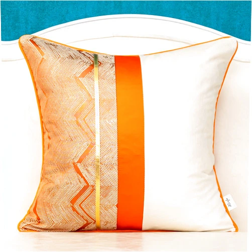 Alerfa 20 x 20 Inch Orange White Geometric Striped Gold Leather Patchwork Velvet Cushion Case Luxury Modern Lumbar Throw Pillow Cover Decorative Pillow for Couch Sofa Living Room Bedroom Car