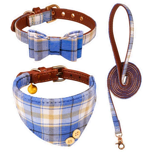 Blaoicni 3 PCS Puppy Collar and Leash Set Dog Collars for Small Dogs Dog Bow Tie with Bell Puppy Bandana Leather Dog Collar for Small Dogs Puppies and Cats(Blue)