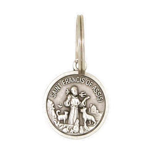 Needzo Silver Tone Base Metal Catholic Saint Francis of Assisi Patron Saint of Animals Protect My Pet Medal Pendant Charm on Split Ring for Dog or Cat Collars, 1 3/4 Inch (Long)