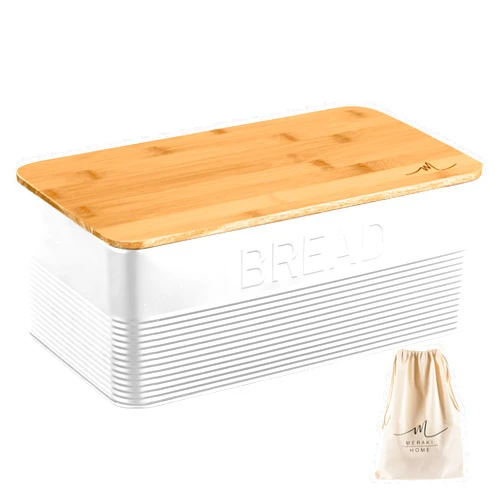 Meraki Home Bread Box for Kitchen Countertop with Bamboo Cutting Board Lid, Airtight Metal Bread Box for Homemade Bread, Kitchen Storage, Cotton Bread Bag, 13 x 7 x 5 inches