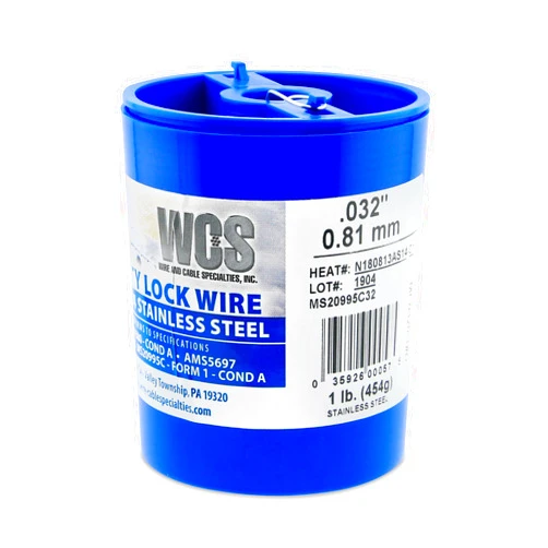 WCS WIRE AND CABLE SPECIALTIES, INC. Lock Wire, T302/304 Stainless, NASM20995, MS20995C, ASTM A580 Cond A, AMS5697, 032 in (0.81 mm), 1 lb (0.45 kg) Dispenser Can, approx. 362 ft (110 m)