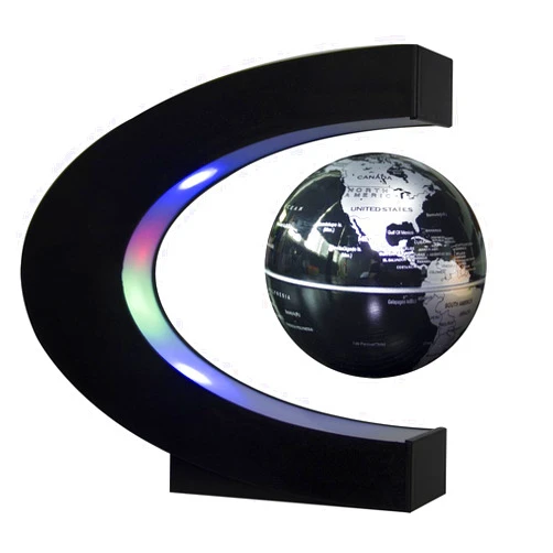 Estefanlo Floating Globe with LED Lights C Shape Magnetic Levitation Floating Globe World Map for Desk Decoration (Black-Silver)