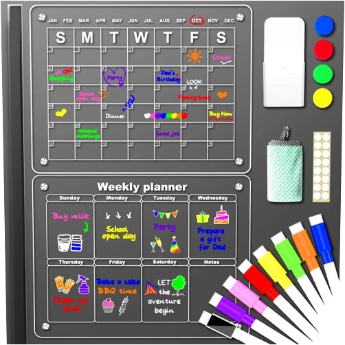 LOCATAL Acrylic Magnetic Calendar for Fridge,2 Pcs Clear Acrylic Calendar Planning Board Set Weekly Monthly Planner Menu for Refrigerator,8 Colors Markers,1Pen Holder,1 Towel,4 Fridge Magnets