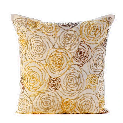 The HomeCentric Sofa Cushion Cover, Gold Decorative Sofa Pillow Covers 16x16 inch (40x40 cm) Silk Throw Pillow Covers, Nature & Floral, Rose, Beaded, Art Deco, Modern Cushion Cover - Gold Dust Rose
