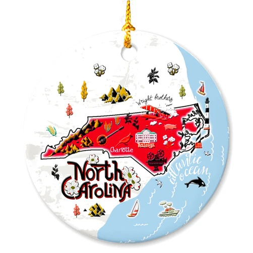 Lotacy North Carolina Map Christmas Ceramic Ornament with Iconic Symbols, Home Decor, North Carolina Gifts and Souvenirs