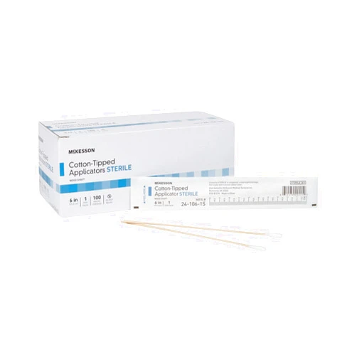 McKesson Cotton-Tipped Applicator Swabstick, Sterile, Wood Shaft, 6 in, 1 Count, 100 Packs, 100 Total