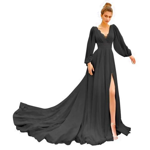 ZSHAOLHYJYZS V Neck Lace Beach Wedding Dresses for Bride 2023 Chiffon Long Sleeve Boho Bridal Gowns with Slit for Women