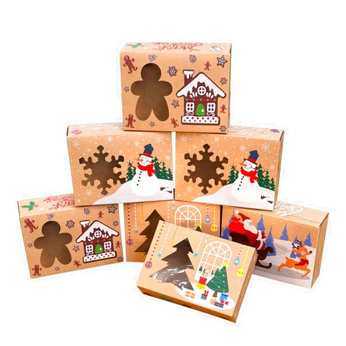 HDFSP 12 Pack Christmas Cookie Boxes with Window, Large Holiday Food Bakery Treat Boxes for Gift Giving, Pastry, Candy, Party Favors, Christmas Kraft Gift Boxes with Ribbons and DIY Gift Tags