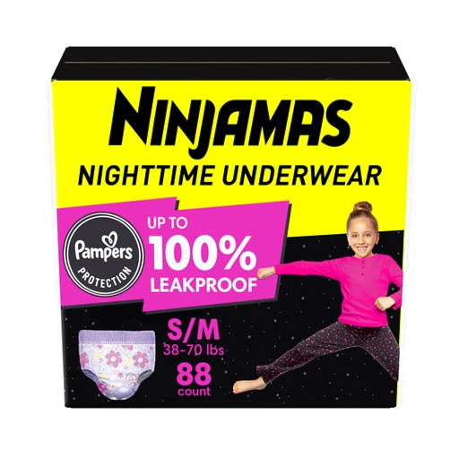 Pampers Ninjamas Nighttime Bedwetting Underwear Girls - Size S/M (38-70 lbs), 88 Count (Packaging May Vary)