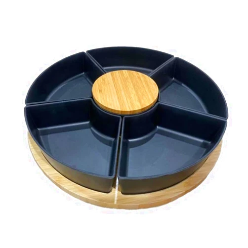 Bremel Home Divided Serving Dishes Black with Wooden Base and Lid,Serving Bowls,Multifunctional Party Snack Tray for Chips, Dips,Fruits,Nuts,Candies,Crackers,Veggies