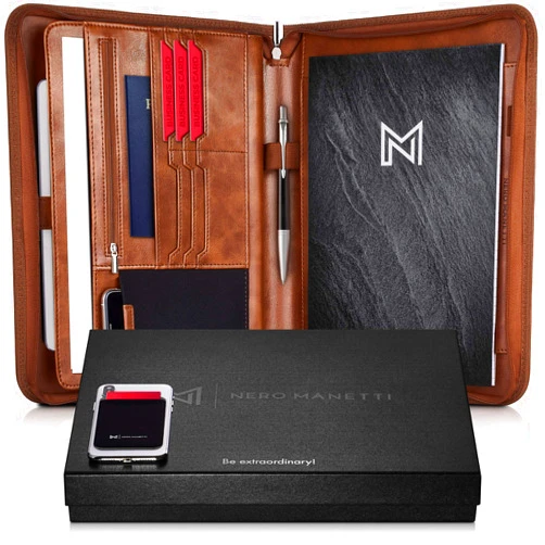NERO MANETTI- Zippered Vegan Leather Padfolio/Portfolio Pad Holder-Business PU Leather Notepad Folder for Resumes, Interviews, iPad/Tablet, Phone, Legal Pad Notebook Executive Binder for Women, Men