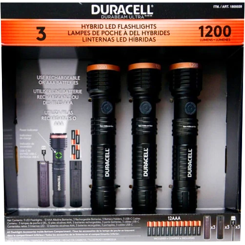 DURACELL Durabeam Ultra Hybrid LED Flashlights, 1200 Lumens, Set of 3, with Rechargeable and AAA Alkaline Batteries