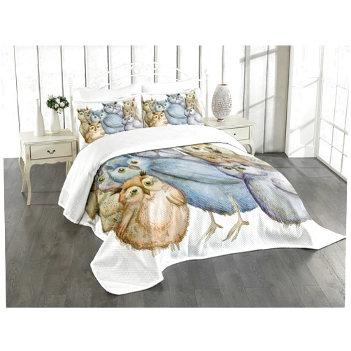 Ambesonne Owl Bedspread Set, Watercolor Hand Drawn Owl Family Portrait Vintage Bohemian Wildlife Birds, 3 Piece Decorative Bedding Coverlet and 2 Pillow Shams, Queen Size, Blue Beige